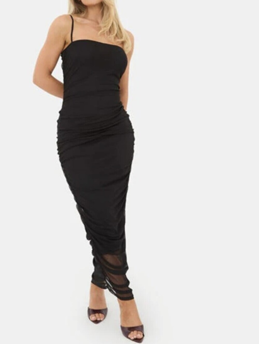 Wild Fable Black Ruched Mesh Sleeveless Midi Dress Size Medium Bodycon LBD Goth